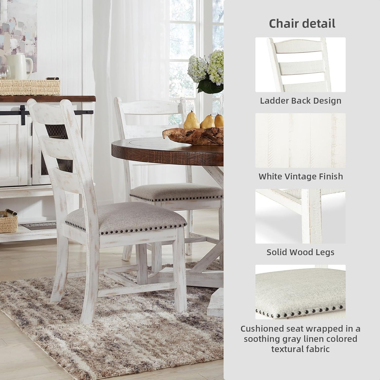 Valebeck Vintage Farmhouse Cushioned Dining Chair, 2 Count, Whitewash