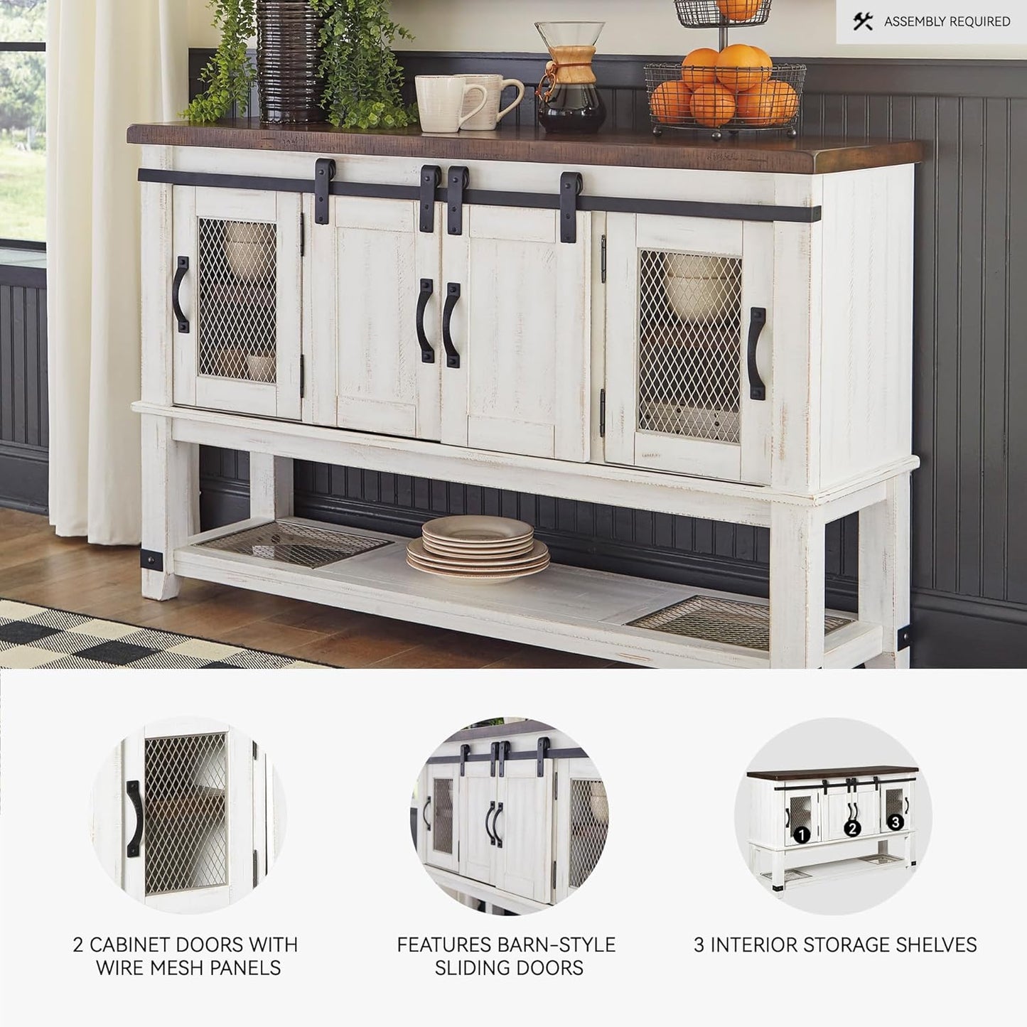 Farmhouse Dining Room Server or Buffet Cabinet, White & Brown