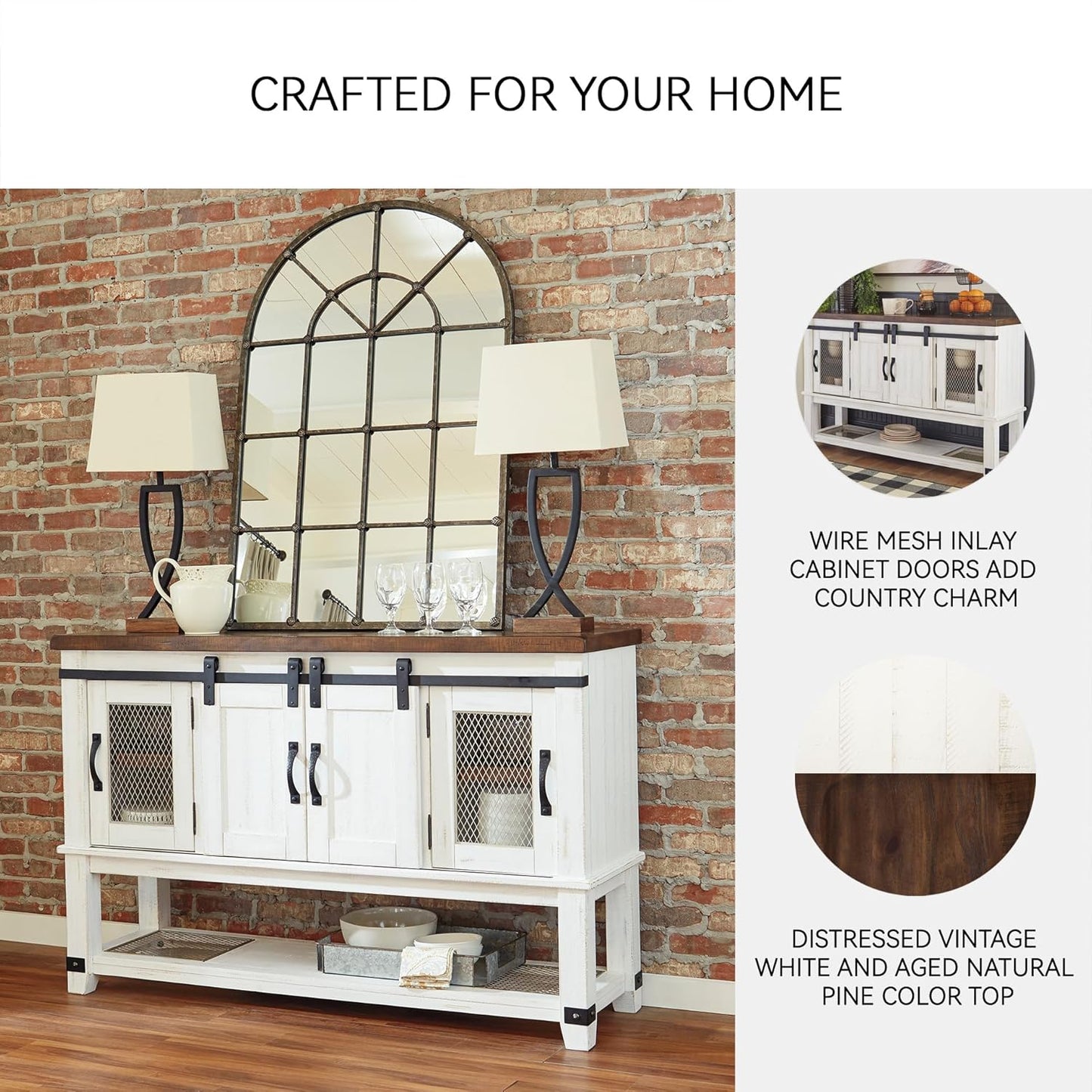 Farmhouse Dining Room Server or Buffet Cabinet, White & Brown