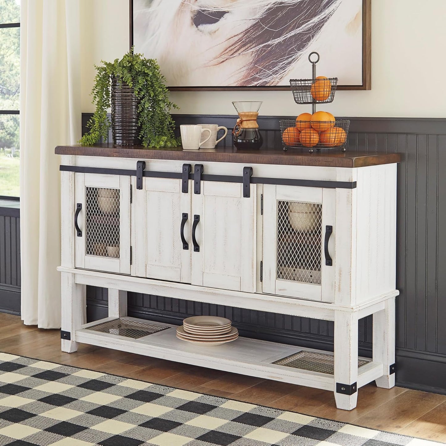 Farmhouse Dining Room Server or Buffet Cabinet, White & Brown